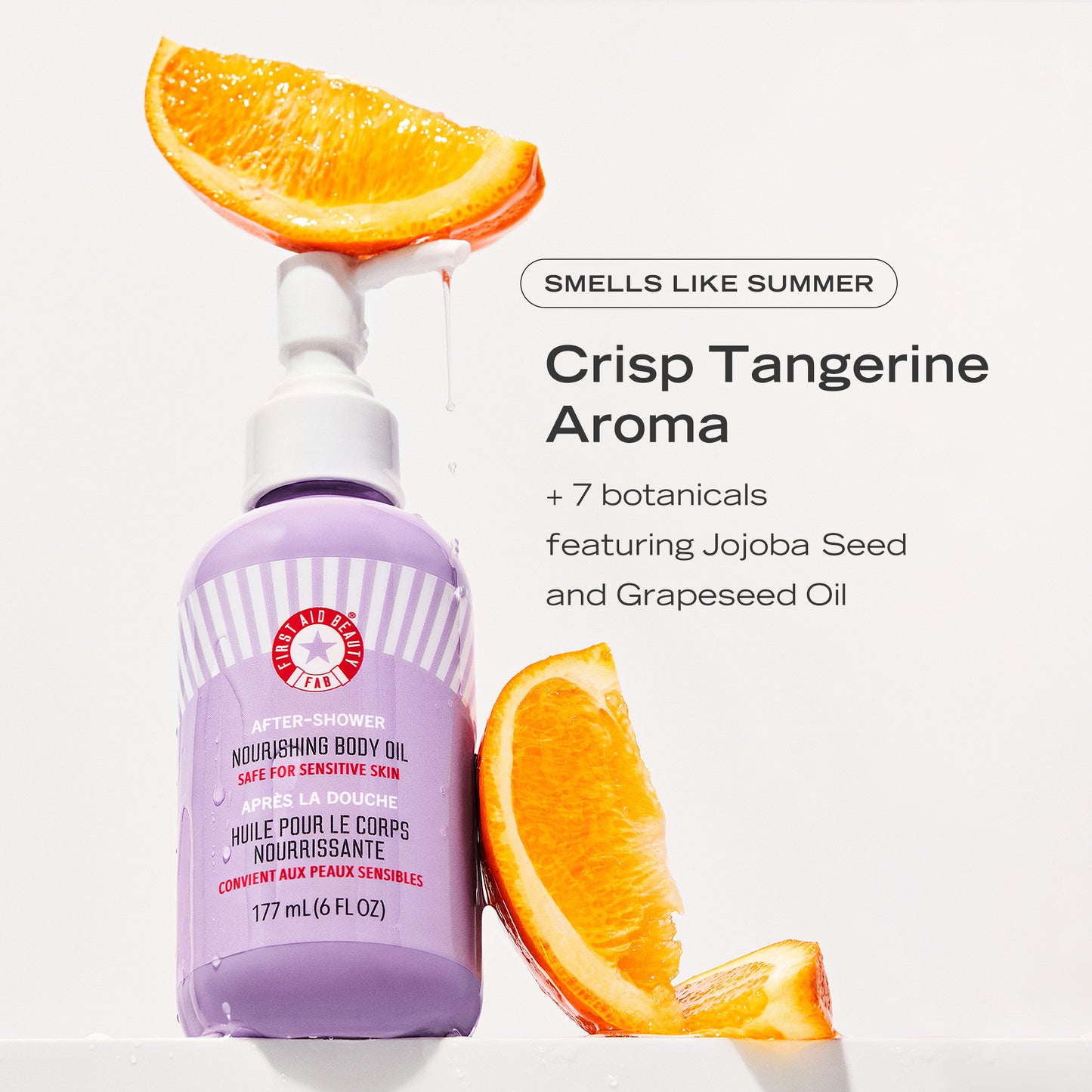 After-Shower Nourishing Body Oil with slices of tangerines. Smells like summer. Crisp Tangerine Aroma +7 botanicals featuring Jojoba Seed and Grapeseed Oil.