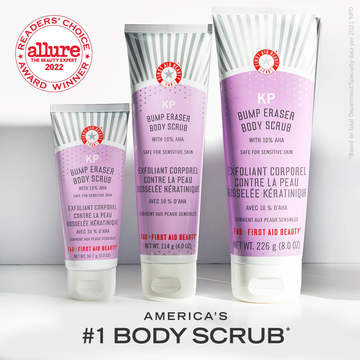 KP Bump Eraser Body Scrub in three different sizes. America's #1 Body Scrub.