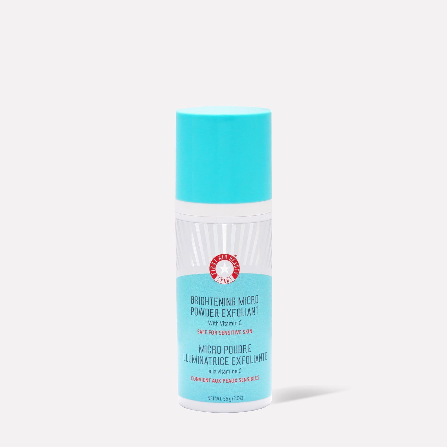 A cylindrical container stands upright, featuring a blue cap and label, reading: "Brightening Micro Powder Exfoliant with Vitamin C. Safe for Sensitive Skin. Net Wt. 56g (2 oz)." Set against a plain background.