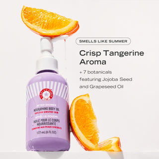 After-Shower Nourishing Body Oil with slices of tangerines.  Smells like summer. Crisp Tangerine Aroma +7 botanicals featuring Jojoba Seed and Grapeseed Oil.