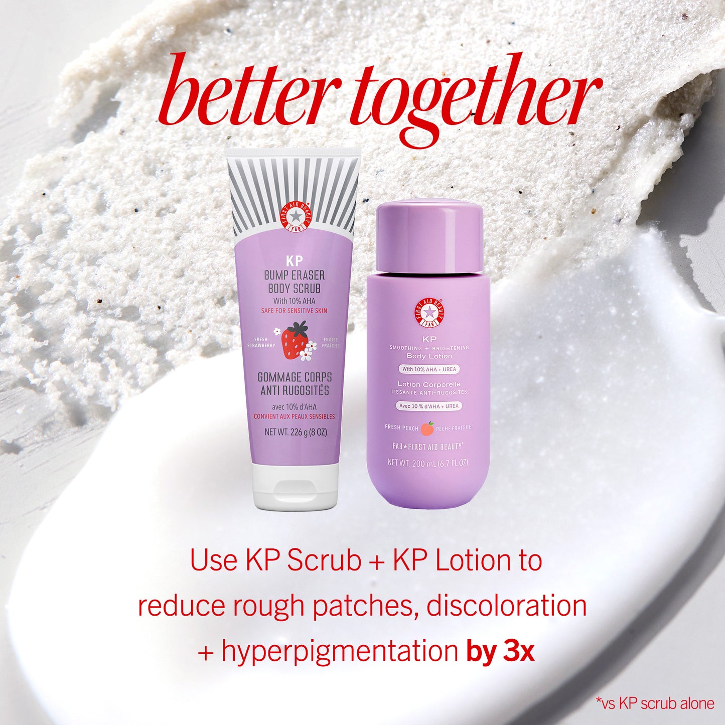 Two skincare products, a KP Bump Eraser Body Scrub and KP Smoothing Body Lotion, are placed on a textured background. Text: "better together. Use KP Scrub + KP Lotion to reduce rough patches, discoloration + hyperpigmentation by 3x."