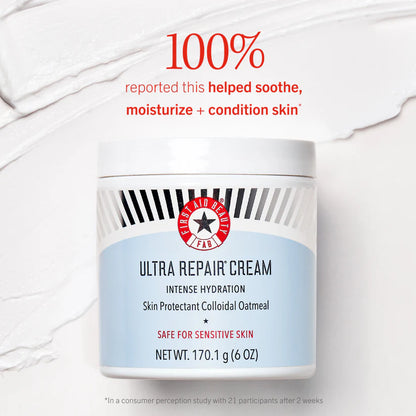 A white jar labeled "Ultra Repair Cream" sits on a textured cream background. Text above reads: "100% reported this helped soothe, moisturize + condition skin*." Fine print: "*In a consumer perception study with 21 participants after 2 weeks."