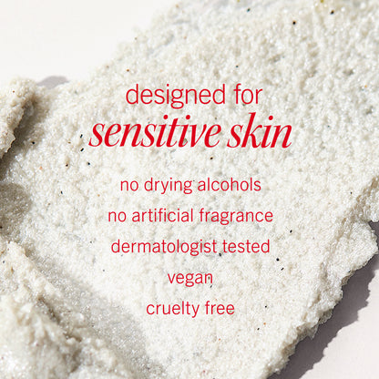 A textured cream spread on a surface. Text reads: "designed for sensitive skin, no drying alcohols, no artificial fragrance, dermatologist tested, vegan, cruelty free."