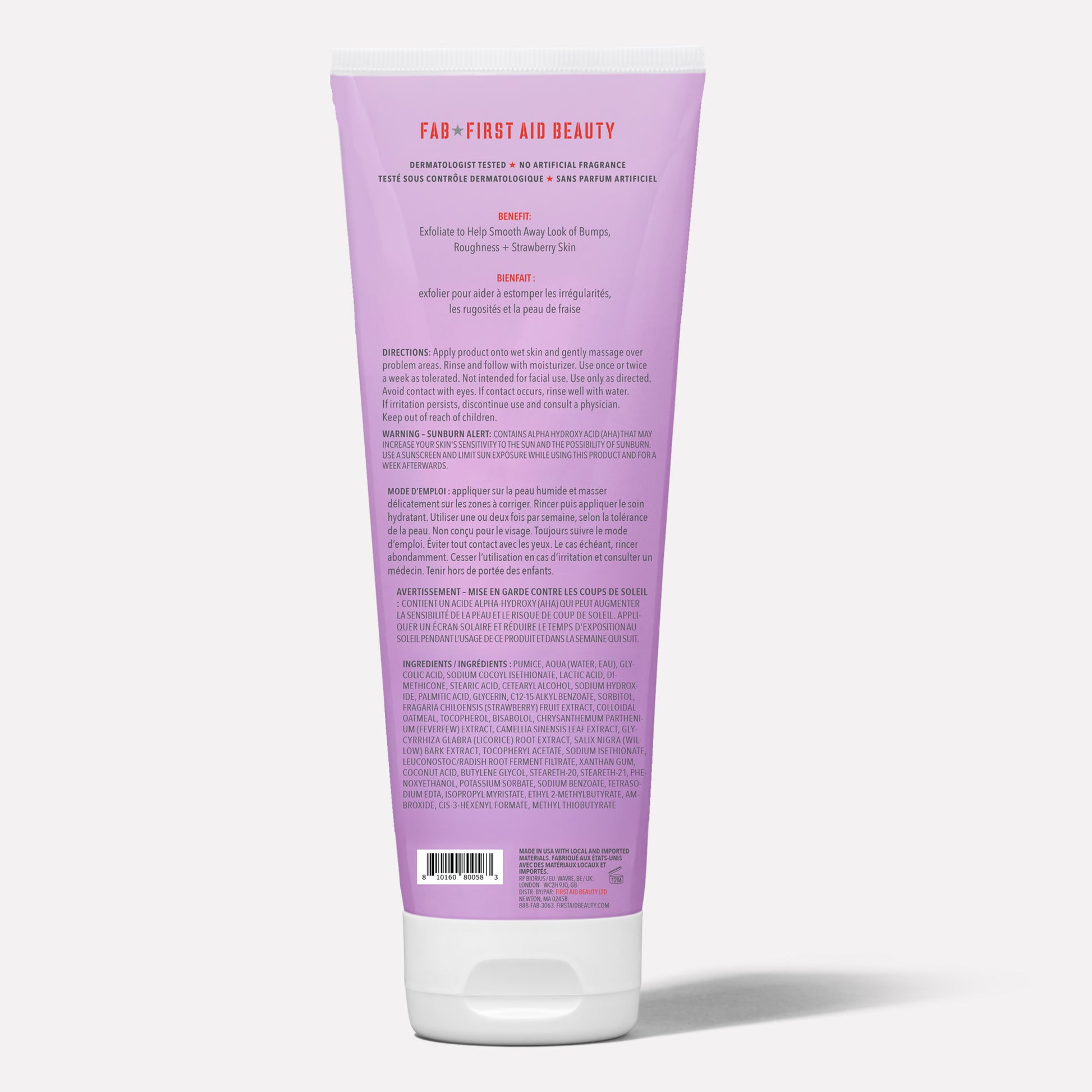 The object is a purple tube labeled "FAB - First Aid Beauty." The text explains it is for exfoliating to smooth skin. The context includes directions, warnings, and ingredient details.