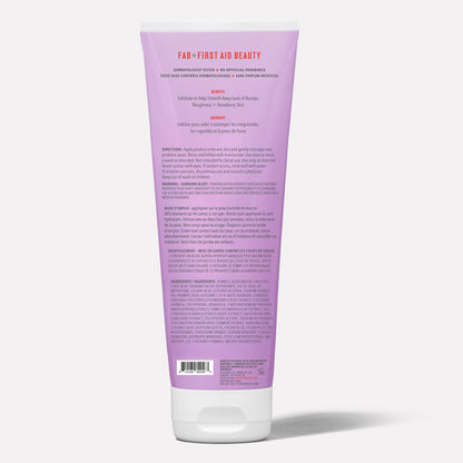 The object is a purple tube labeled "FAB - First Aid Beauty." The text explains it is for exfoliating to smooth skin. The context includes directions, warnings, and ingredient details.