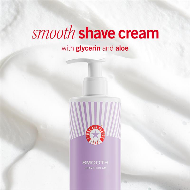 A pump bottle labeled "SMOOTH SHAVE CREAM" stands against a foamy white background. Text reads: "smooth shave cream with glycerin and aloe." The bottle features purple and white stripes with a circular logo.