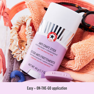 Lifestyle image of Anti-Chafe Stick with Shea Butter + Colloidal Oatmeal. Easy and on-the-go application.