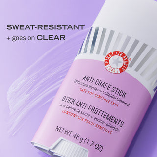 Anti-Chafe Stick is pictured with swatch of product. It is sweat-resistant and goes on clear.