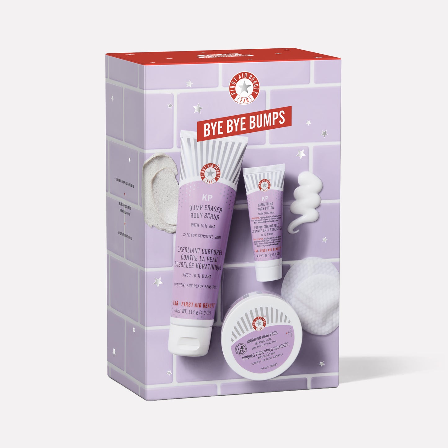 The image shows a skincare set titled "BYE BYE BUMPS" featuring three products: KP Bump Eraser Body Scrub, KP Smoothing Lotion, and Ingrown Hair Pads, placed against a purple tiled background.