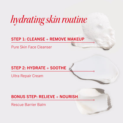 Hydrating skin routine steps: "Step 1: Cleanse + Remove Makeup" with Pure Skin Face Cleanser, "Step 2: Hydrate + Soothe" using Ultra Repair Cream, "Bonus Step: Relieve + Nourish" with Rescue Barrier Balm.