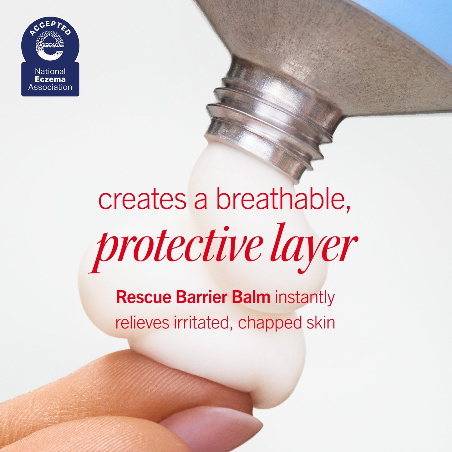 A hand dispenses cream from a tube, forming a swirl on fingers. Text reads: "creates a breathable, protective layer. Rescue Barrier Balm instantly relieves irritated, chapped skin." National Eczema Association logo present.