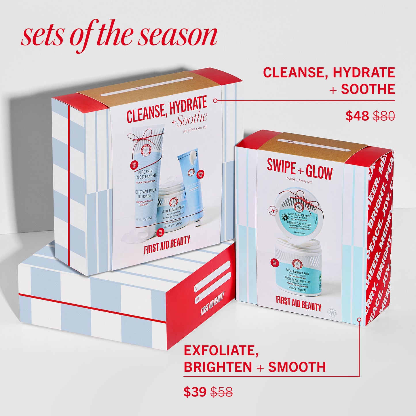 Skincare gift sets displayed in boxes; one labeled "Cleanse, Hydrate + Soothe" priced $48, another "Swipe + Glow," and a bottom box labeled "Exfoliate, Brighten + Smooth" priced $39. "SETS OF THE SEASON" text adorns the top.