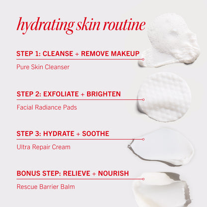 Hydrating skin routine guide with product samples. Step 1: Cleanse with Pure Skin Cleanser. Step 2: Exfoliate using Facial Radiance Pads. Step 3: Hydrate with Ultra Repair Cream. Bonus: Nourish with Rescue Barrier Balm.