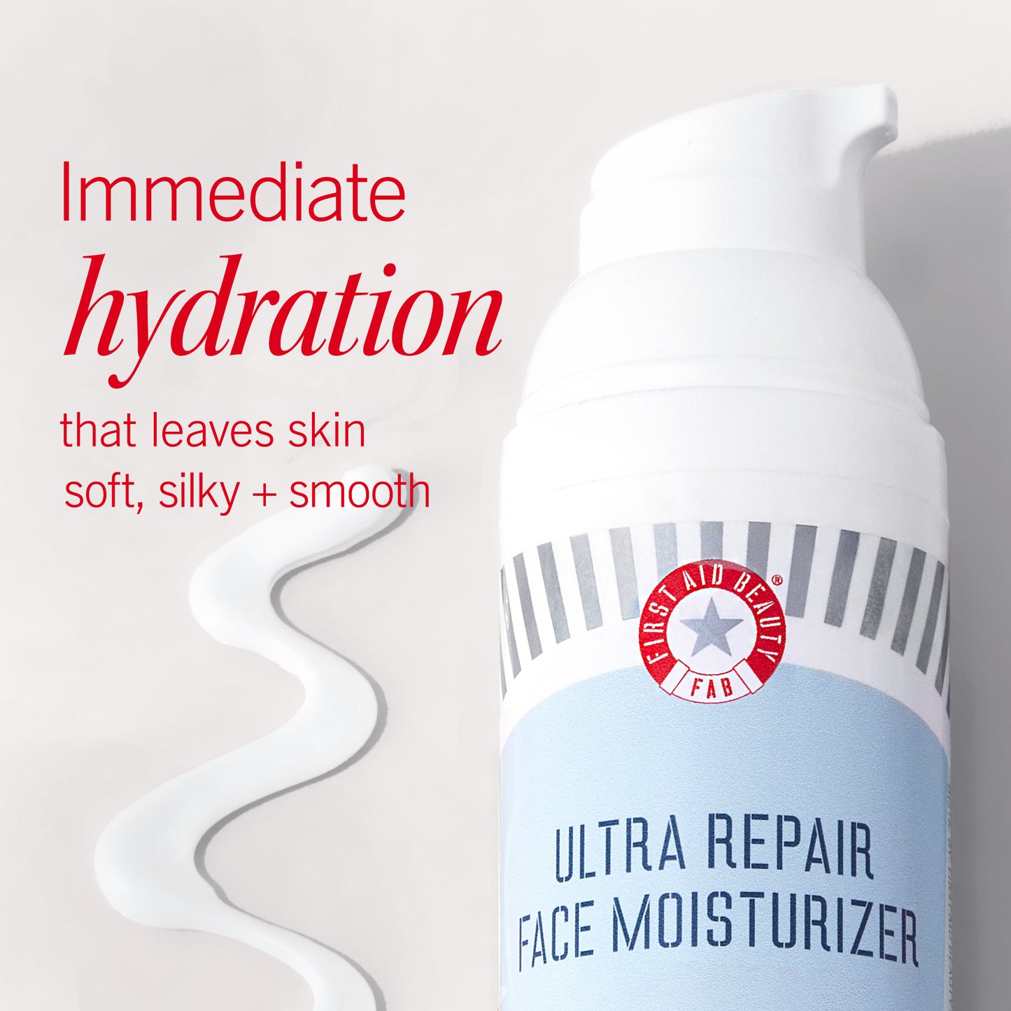 The moisturizer bottle labeled "FIRST AID BEAUTY ULTRA REPAIR FACE MOISTURIZER" is displayed with a cream swirl on a light background. Text reads, "Immediate hydration that leaves skin soft, silky + smooth."