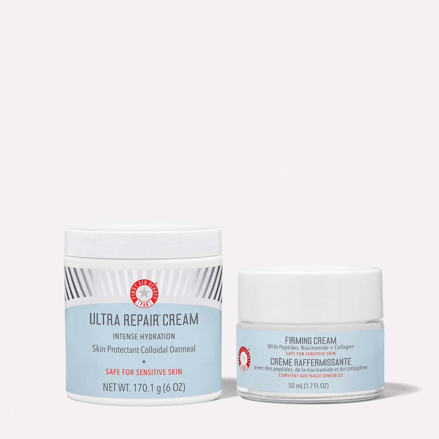 Two cosmetic jars are displayed side by side against a plain background. The larger jar is labeled "Ultra Repair Cream," and the smaller jar is labeled "Firming Cream," both for sensitive skin.