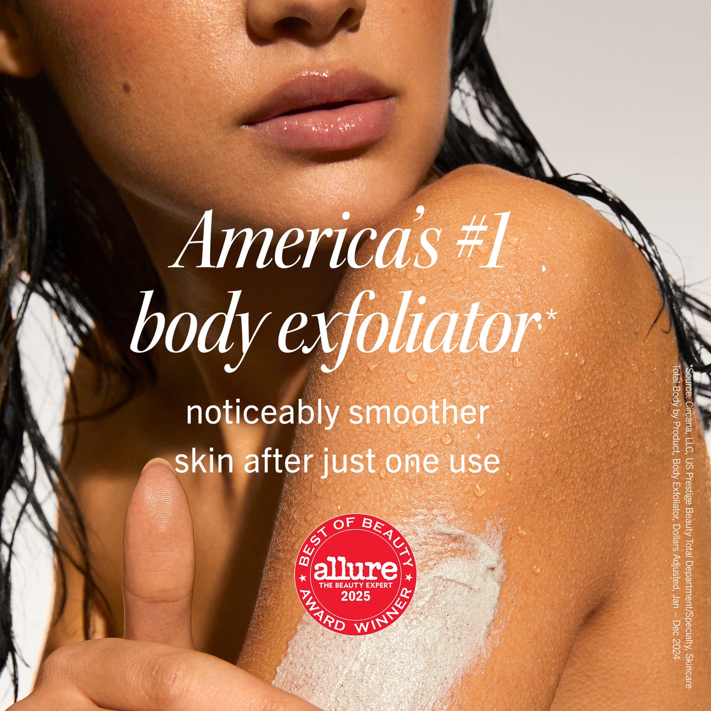 A person gently applies body exfoliator to their wet shoulder, demonstrating skincare use. Text reads: "America's #1 body exfoliator* noticeably smoother skin after just one use," with an "Allure 2025 Best of Beauty Award Winner" badge.