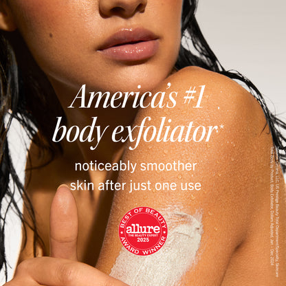 A person gently applies body exfoliator to their wet shoulder, demonstrating skincare use. Text reads: "America's #1 body exfoliator* noticeably smoother skin after just one use," with an "Allure 2025 Best of Beauty Award Winner" badge.