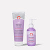 Two skincare products on a white background. The left is a tube labeled "KP Bump Eraser Body Scrub" with 10% AHA, 226g. The right is a pump bottle labeled "Nourishing Body Oil," 177ml. Both are purple and safe for sensitive skin.