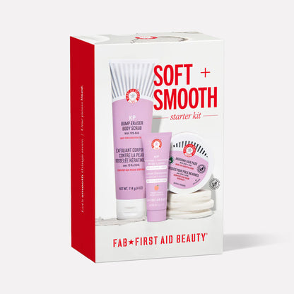 A skincare starter kit includes body scrub, body lotion, and ingrown hair pads. The packaging states “SOFT + SMOOTH starter kit” and “FAB FIRST AID BEAUTY,” with a red and white design.