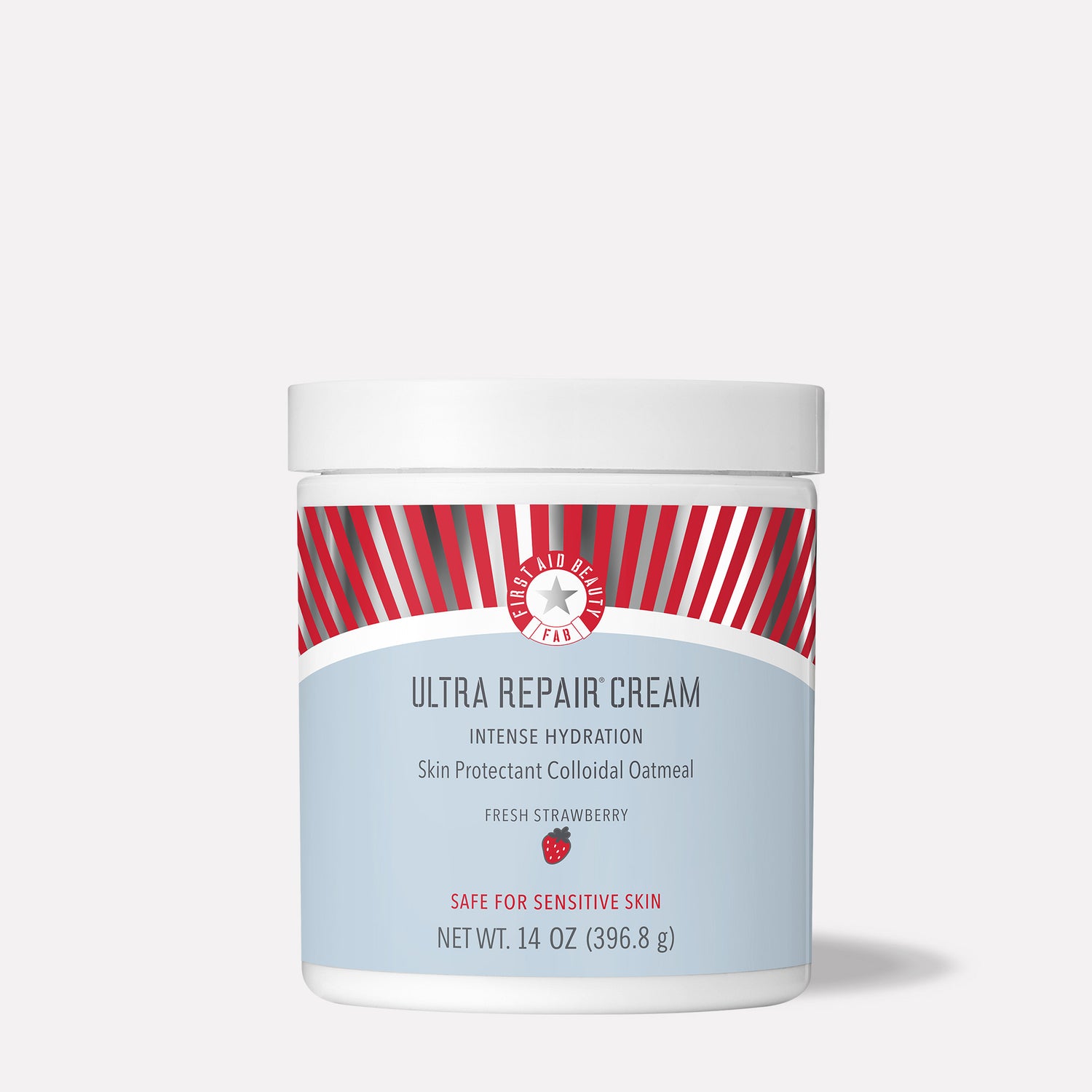A white jar labeled "Ultra Repair Cream" features red-striped branding and text: "Intense Hydration, Skin Protectant Colloidal Oatmeal, Fresh Strawberry, Safe for Sensitive Skin, Net Wt. 14 oz (396.8 g)."